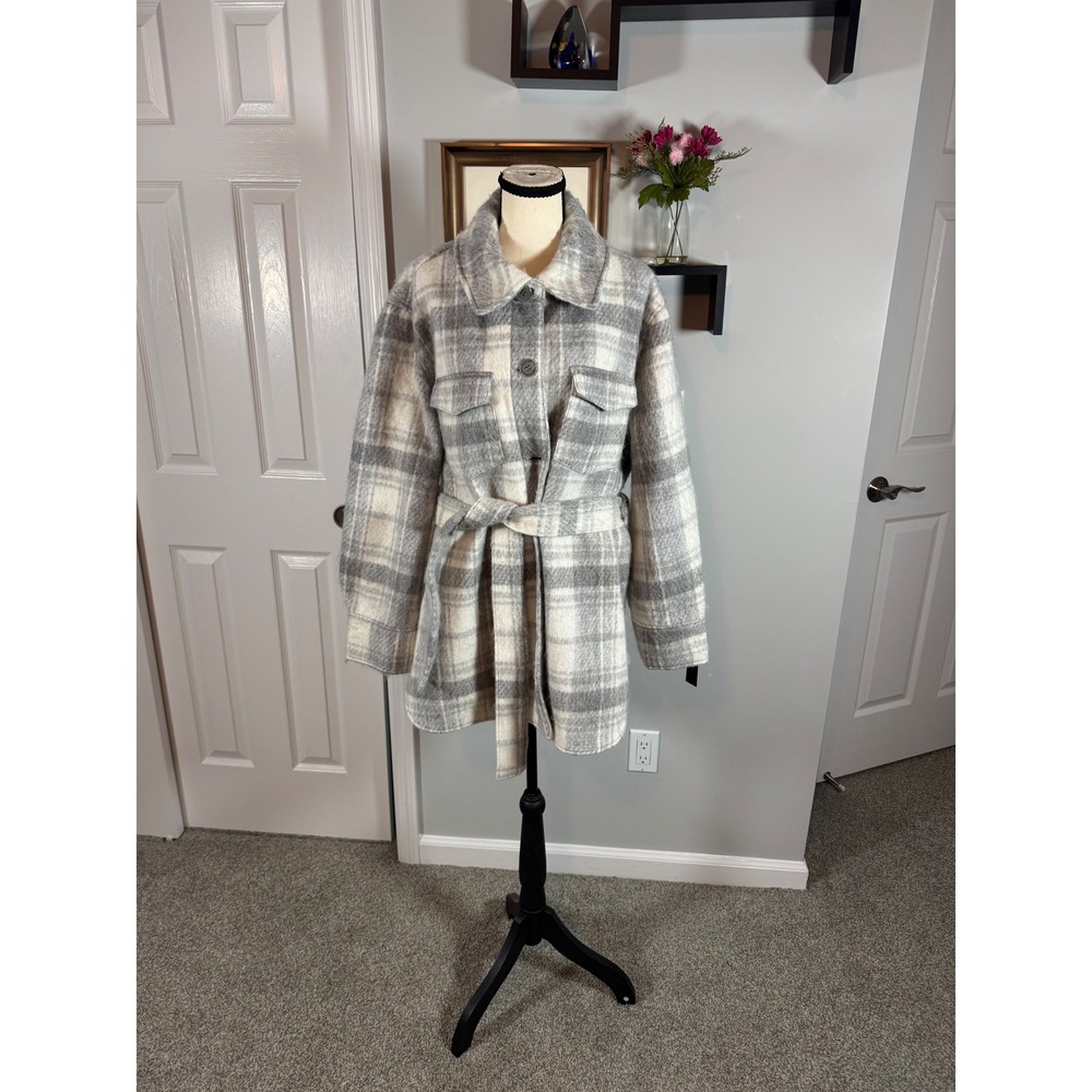 Tahari Plaid Belted Shacket Cream Grey Wool Blend Shirt Jacket XL NEW
